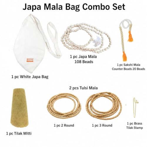 Image of Japa Mala Bag Combo Set | Complete Chanting & Meditation Kit for Daily Mantra Jaap | Pure Cotton White Gomukhi Chanting Bag with 108 Beads Japa Mala, 20 Beads Sakshi Counter Mala, 2 Round & 3 Round Tulsi Mala, Tilak Mitti & Brass Tilak Stamp