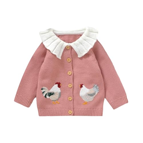 Baby Girl Cardigan Knit Sweater Animal Embroidery Chunky Coat Doll Collar Knitwear Toddler Infant Spring Clothes (Rooster-Pink, 12-18 Months)