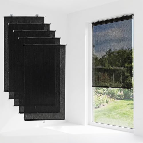 Maasechs 6 Pcs Roller Blackout Window Shades with Suction Cups No Drill Cordless Automatic Retractable Blackout Blinds 23 x 49 Inch PVC Roller Curtains UV Protection for Indoor Home Office Bedroom