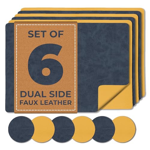 Image of Faux Leather Placemats and Coaster Sets 6 | Dual Sided Blue/Yellow Table Mats and Coasters | Place Mats For Table 6 - Wipeable Placemats Heat Resistant Place Mat (Blue/Yellow)