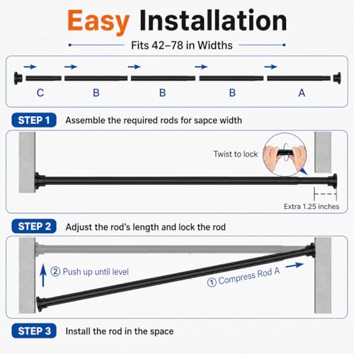 Image of ALLZONE Adjustable Tension Curtain Rod, 42 to 78 Inches, Spring Loaded Curtain Rods No Drilling, Renter Friendly Tension Rod for Windows, Shower, Closet, No Drill, Non-Slip, Black