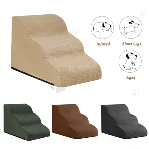 Image of Aodisman Dog Stairs for Small Dogs and Cats,3-Step Pet Ramp for Couch,Chair | 15.7 inch H Non-Slip Sturdy Dog Steps with Curved Ramp for Senior,Short-Legged Dogs,Puppy and Cats to Reach Sofa or Chair,Khaki