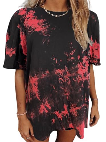 Avanova Women Tie Dye T Shirts Oversized Tshirts Short Sleeve Crewneck Summer Loose Tee Top Red Large