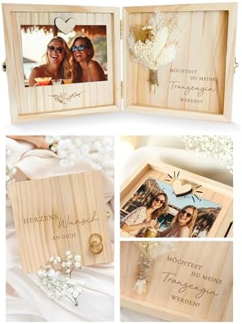 Joli Coon Trauzeugin fragen Holzbox, Willst du meine Trauzeugin sein | Echte Trockenblumen, Magnet zum Einfügen eines Fotos, als Erinnerungsbox aufstellbar