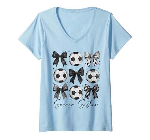 Mujer Hermana de fútbol Funny Coquette Bow Soccer Sister Camiseta Cuello V