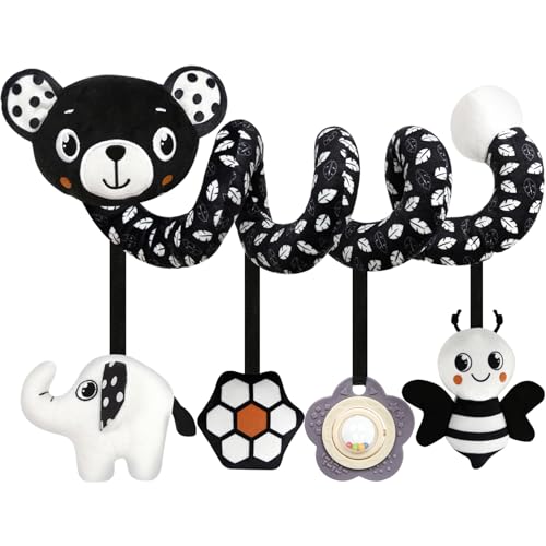Image of GKDOMS Baby Carseat Toy Black & White Rattle Spiral Hanging Activity Stroller Toy for Newborns Boys and Girls - Bear