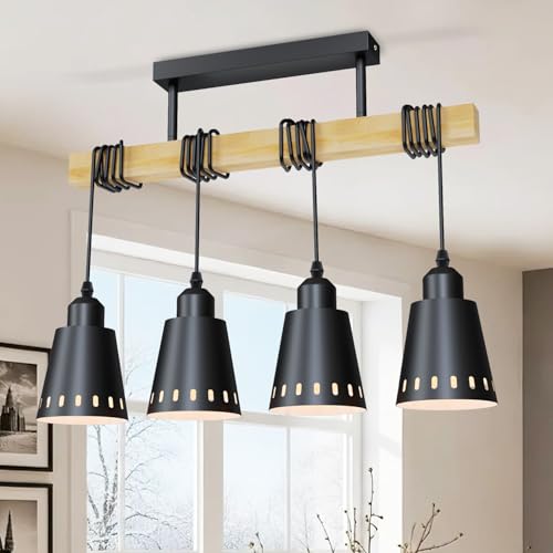 LVWIT Lámpara Colgante Negro, Candeeiro Teto Suspenso E27, Lámpara colgante con Base de Madera, Lamparas de Techo Juveniles con 4 Bases,Ideal para Salón,Comedor,Dormitorio,Cocina(Sin Bombillas)