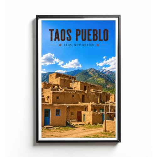 Taos Pueblo New Mexico Poster - Vintage Travel Wall Art - Historic Adobe Architecture Print - Indigenous Cultural Landmark Illustration - Southwest Heritage Decor For Home Office Living Room