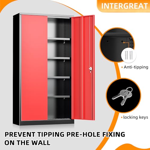 Image of INTERGREAT Metal Storage Cabinet with Doors, 72 inch Locking Steel Storage Cabinet with Shelves, Tall Metal Cabinet Lockable Steel Cabinets for Home Office, Garage,(Black+Red)