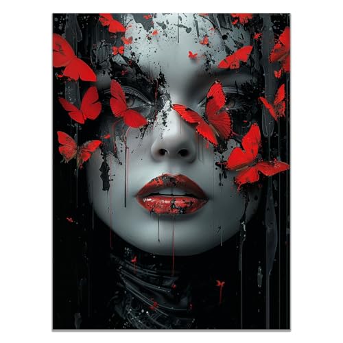 QUSAAOU Cuadro Lienzo Mariposas rojas manchas negras rostro gráfico impactante ImpresióN En Material Tejido No Tejido Cuadros Decoracion Modernos Lienzos- ReproduccióN Retrato Mujer-20x30cm1 Sin marco