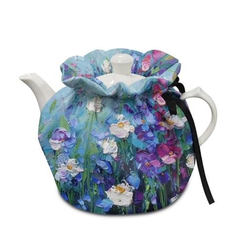 Image of Tea Cosy for Teapot Insulated Watercolor Flower Print Tea Kettle Cover Insulation and Keep Warm Portable Teapot Cozy Breakfast Warmer with Drawstring Breakfast Warmer Kitchen Decor
