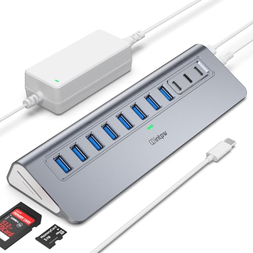 Image of Powered USB Hub 10Gbps, Intpw YH9AC Plus 13 Port USB 3.2 Hub(USB A /USB C 3.2+6 USB-A 3.0+2 PD 45W Fast Charging Port+SD /TF Card Reader), 65W Power Adapter,Aluminum USB HUB for PC,Laptop,iPhone 17 /16
