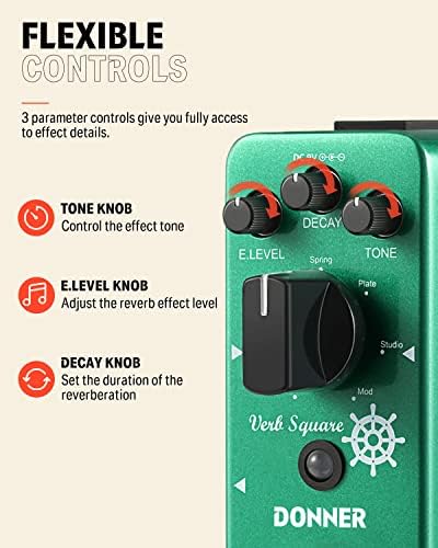 Donner Reverb pedał gitarowy, czasownik, kwadratowy, cyfrowy pogłos, 7 trybów, pokój, korytarz, kościół, wiosna, talerz, studio, mod, True Bypass