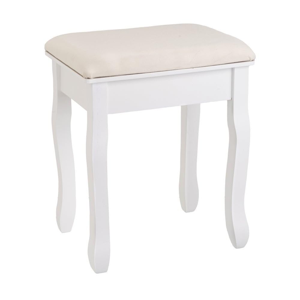LOLAhome Banqueta de Tocador Blanca con Asiento Tapizado, Madera de Paulonia 50x30x39 cm, Estilo Clásico, Taburete para Dormitorio y Maquillaje