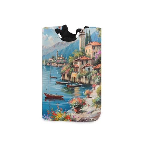 Jihqo Laundry Hamper Basket Beautiful Town River Landscape Collapsible Nursery Storage Bin Waterproof Clothing Baskets for Home Bedroom Bathroom Washing Room