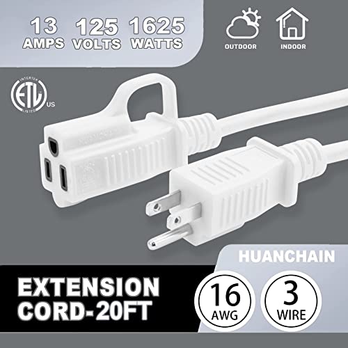 Indoor Outdoor White Extension Cord 20 Ft Waterproof, 16/3 Gauge Flexible Cold-Resistant Appliance Extension Cord Outside, 13A 1625W 16Awg Sjtw, 3 Prong Heavy Duty Electric Cord, Etl Huanchain #TOP6