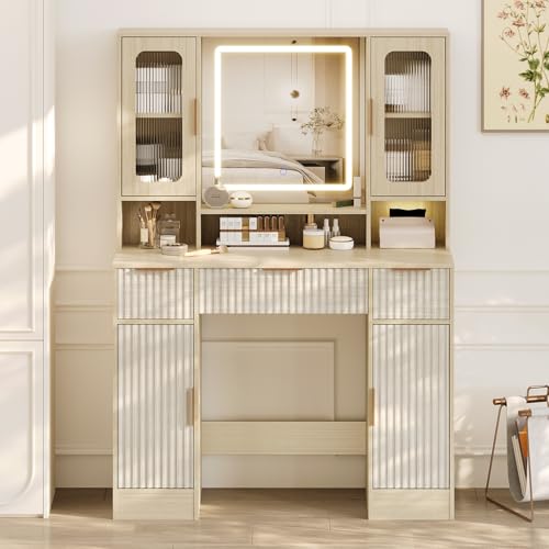3-Color LED Vanity Desk with Mirror — Modern Makeup Dressing Table with 2 Glass Cabinets, 2 Large Cabinets, 3 Drawers & Storage Shelves, Adjustable