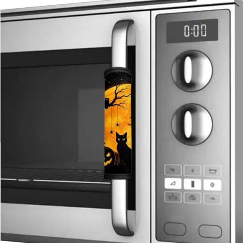 Image of Halloween Decor Refrigerator Door Handle Covers Set of 6 Kitchen Electrical Appliances Handle Protector Anti-Slip Fridge Microwave Accessories, Black Cat Moon Spider Print
