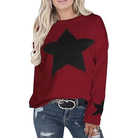 shermie Women's Star Graphic Knitted Pullover Sweaters Long Sleeve Crew Neck Casual Sweater Wine-Red 1 Large Cover