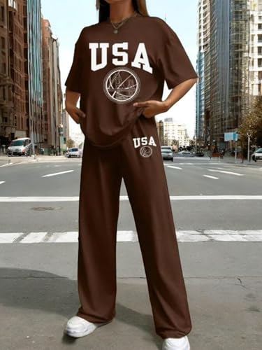 Image of My Swag USA Graphic Print Cotton Loungewear Set, T-Shirt and Pants, Casual Comfort Wear