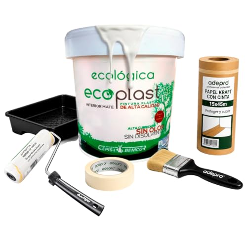 CEPLAST Kit Pintura Ecológica Interior Mate – Sin Olor, Base Agua, Alta Cobertura – Incluye Rodillo, Cubeta, Paletina 40mm, Cinta y Papel Kraft Protector – Pintura Blanca Profesional para Paredes
