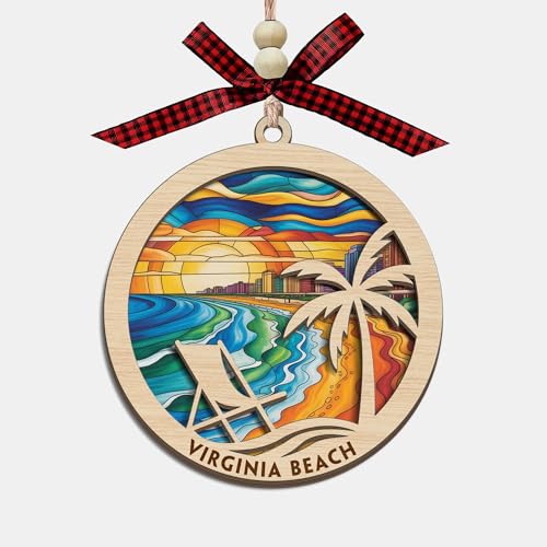 Virginia Beach Christmas Ornament, 2 Layer Wood & Acrylic Stained Glass, Christmas Ornament for Women, Men, Family, Friends, Beach Souvenir Tree Decor for Home Or Vacation Memory