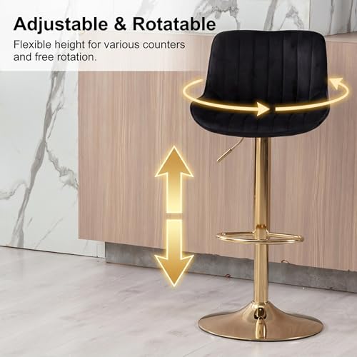 Image of ECHINGLE Velvet Bar Stools Set of 2 - Swivel Counter Height Barstools with Back & Adjustable Height, Modern Gold Kitchen Island Stools for Bar, Armless Pub Stools, Soft Black Upholstered Seating