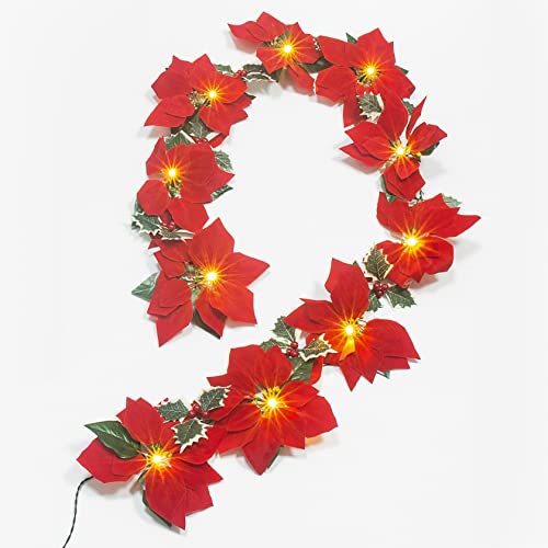 Ymenow LED Weihnachten Girlande mit Timer, 2,1m 10LEDs Lichterkette Batterie mit 10 Künstlichen Samt-Weihnachtssternen, Roten Beeren für Wohnzimmer Weihnachtsbaum Außen Garten Mantel Geländer Deko