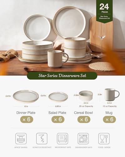 Image of Famiware Star Dinnerware Set with Mugs, Service for 6 (24 Pieces), Ribbed Stoneware Plates and Bowls Dishes Sets - Chip & Scratch Resistant, Microwave & Dishwasher Safe, Cappuccino White