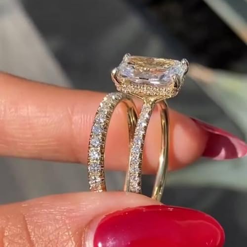 14k Gold Plated 2Pcs Bridal Ring Set, Emerald Cut Halo Engagement Ring with Pave Eternity Wedding Band, Stackable Promise Jewelry for Women, Wedding & Valentine’s Day Size 8