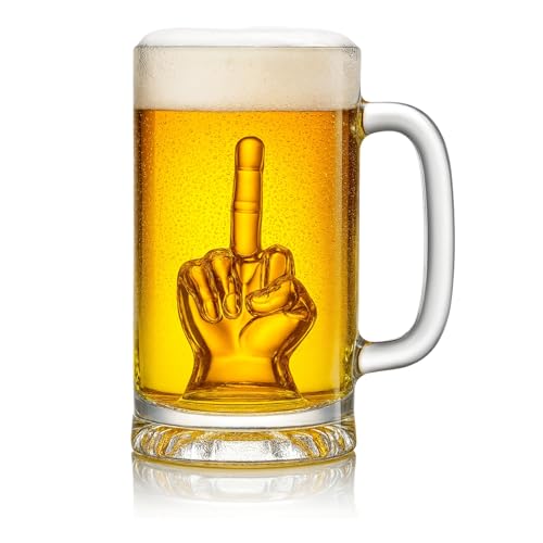 Image of Middle Finger Beer Glass Muf with Handle - Tall Drinking Glasses for Beer, Whiskey, Cocktails, Funny Gag Gift for Him, Men Holiday, Birth Day, Birthday, 12.5 oz Thick Glassware, Tall Glass for Men