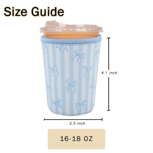 Image of Reusable Insulated Sleeve for Iced Coffee Cup, Coffee Neoprene Sleeve for Cold & Hot Drinks, Beverage Holder for Iced Coffee (Blue Stripe Bows, Small: 16-18oz)