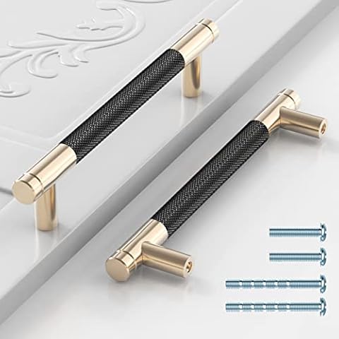 5 Inch Kitchen Cabinet Handles Aluminum Knurled Drawer Pulls Cabinet Knobs Cabinet Pulls Gold and Black Oxidation Finish Hardware for Bathroom, Closet, Wardrobe,Dresser 2 Pack Cover
