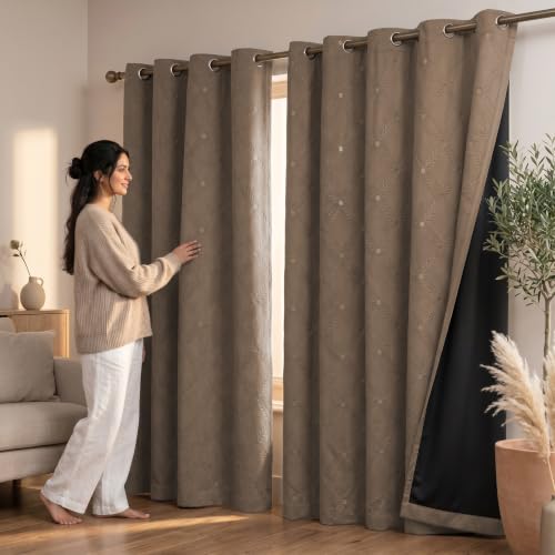 Image of LINENWALAS 100% True Blackout Door Curtains 8 Feet Long Set of 2 | Embossed Moonlight Design | Room Darkening Curtain | Thermal Insulated Curtains for Living Room, Bedroom (129 x 244 cm, Light Brown)