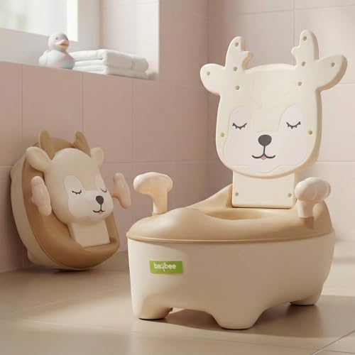 Image of Baybee Deer Baby Potty Seat for Kids 2 to 5 Years with Back Support | Foldable Toilet Seat with Removable Drawer & Cleaning Brush | Premium Potty Training seat | Kids Toilet Chair Boys Girls (Beige)
