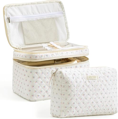 HBselect 2 peças, bolsa de maquiagem grande, acolchoada de algodão, bolsa de cosméticos, bolsa de maquiagem fofa, bolsa de higiene pessoal para mulheres e meninas, 2 peças - flor, Bolsa de maquiagem