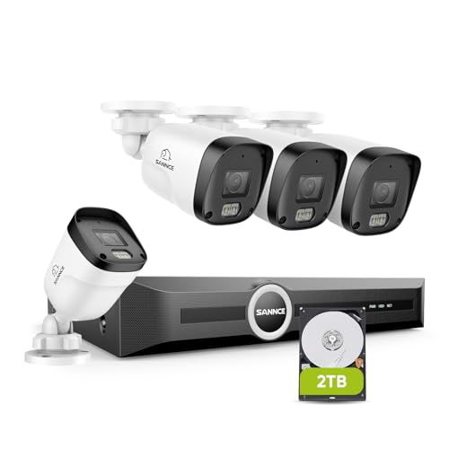 SANNCE Kit Videosorveglianza Esterno Poe 5MP Nvr 8 Canali con Hard Disk da 2TB 2K/3MP 4 Telecamere Poe con LED Smart IR, Rilevamento del Movimento, Allarme App, Notturna a Colori 65 Piedi