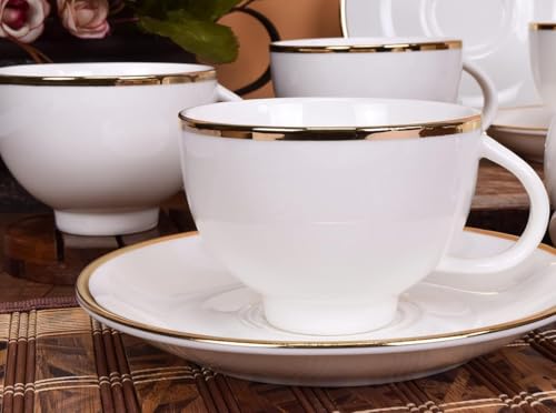 Image of Bone China White Gold Line Cups and Saucer with Golden Line, 180 ml Tea Cup Set of 6 Cup and Saucer Set for Tea Milk Coffee Chai, Teacup Set