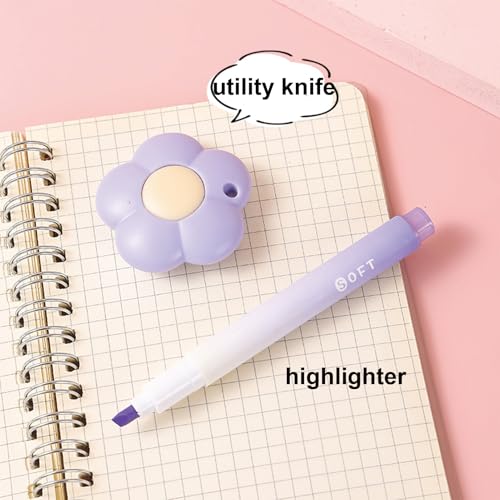 7 Pcs Cute Purple Stationery Set Kawaii School Supplies Office Supplies Including Ballpoint Pens Pencil Sharpener Highlighter Correction Tape Ruler Utility Knife (Purple) - Image 5