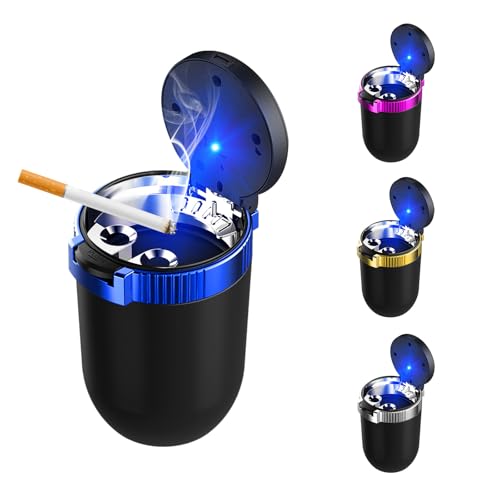 Image of KVAEY Car Ashtray with Lid, Mini Portable Car Ashtray, Detachable Stainless Steel Smokeless Ash tray with LED Blue Light, Windproof Cars Accessory for Travel Car Smokers (Blue, 1pcs)