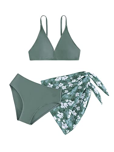 SHENHE Girl's 3 Piece Cute Ditsy Floral Print Triangle Bikini Swimsuit with Beach Cover Up