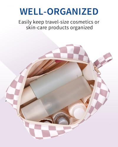 Image of Narwey Checkered Makeup Bag, Travel Cosmetic Bag Organizer, Toiletry Bag Make Up Bags with Organized Pockets for Women (Dusty Rose Checkerboard, Large)