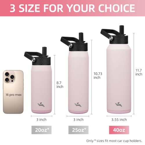 Image of Konokyo 40oz Insulated Stainless Steel Water Bottle with 3 Lids, Leakproof BPA-Free Bottle with Straw Lid, Sip Lid and Flex Cap for Gym, Travel, School, Office, Pink