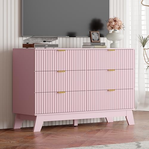 Image of Pink Dresser 6 Drawer Dresser for Bedroom, 47''W Fluted Wooden Dresser Storage Cabinet and Chest of Drawers with Metal Handle, Storage Organizer for Living Room, Hallway, Entryway