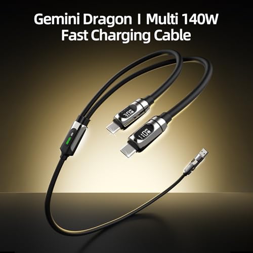 Image of MFish 140W 2-in-1 USB C to USB C Cable, Dual USB-C Fast Charging Cord with LED Power Display, PD 3.1 Smart Power Split for MacBook Pro /Air, iPad Pro, iPhone 17 /16 /15, Galaxy, 5FT Black