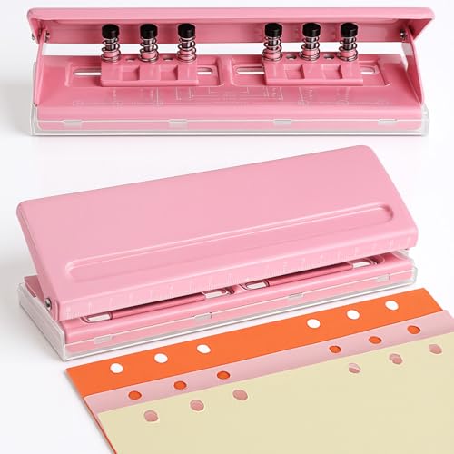 MySHUCE Pink Adjustable 6-Hole Punch Metal Hole Puncher with 6 Sheet Capacity for A4/A5/A6 Personal & Pocket Planners 6-Ring Binder Puncher with Non-Slip Base Ruler & Hole Guide