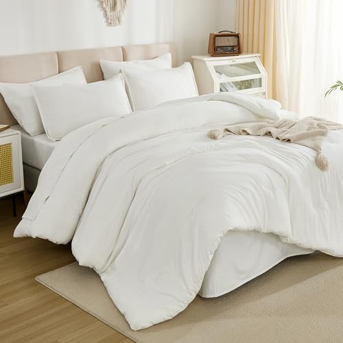 Litanika Full Size Comforter Set Ivory - 7 Pieces Bed in a Bag Full Bedding Comforter Sets, Solid Lightweight Bed Set with Comforter, Sheets, Pillowcases & Shams