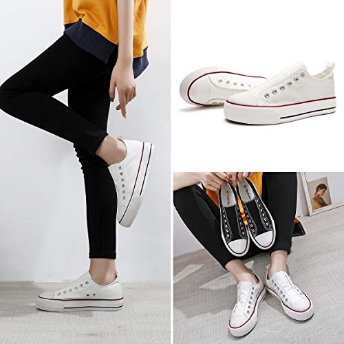 ZGR Women’s Classic Platform Canvas Sneakers Slip on Fashion Canvas Casual Shoes(White,US9)