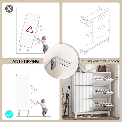 Image of HUANLEGO Shoe Cabinet Storage for Entryway with 6 Flip Drawers, Fluted Narrow Shoe Organizer with Wooden Legs, Freestanding Slim Shoe Storage Hidden Shoe Rack Organizer for Front Door Entrance, White