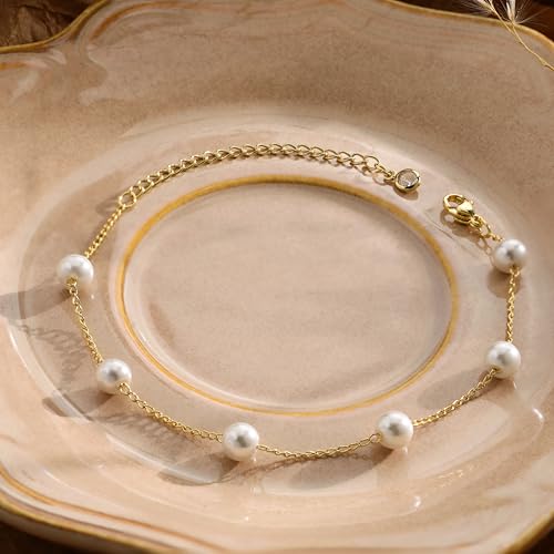 KAERUN Pearl Gold Bracelets for Women Trendy 14K Gold Plated Dainty Pearl Beaded Bracelet Adjustable Chain Bracelets Non Tarnish Bridesmaid Proposal Birthday Gifts for Women Jewelry4